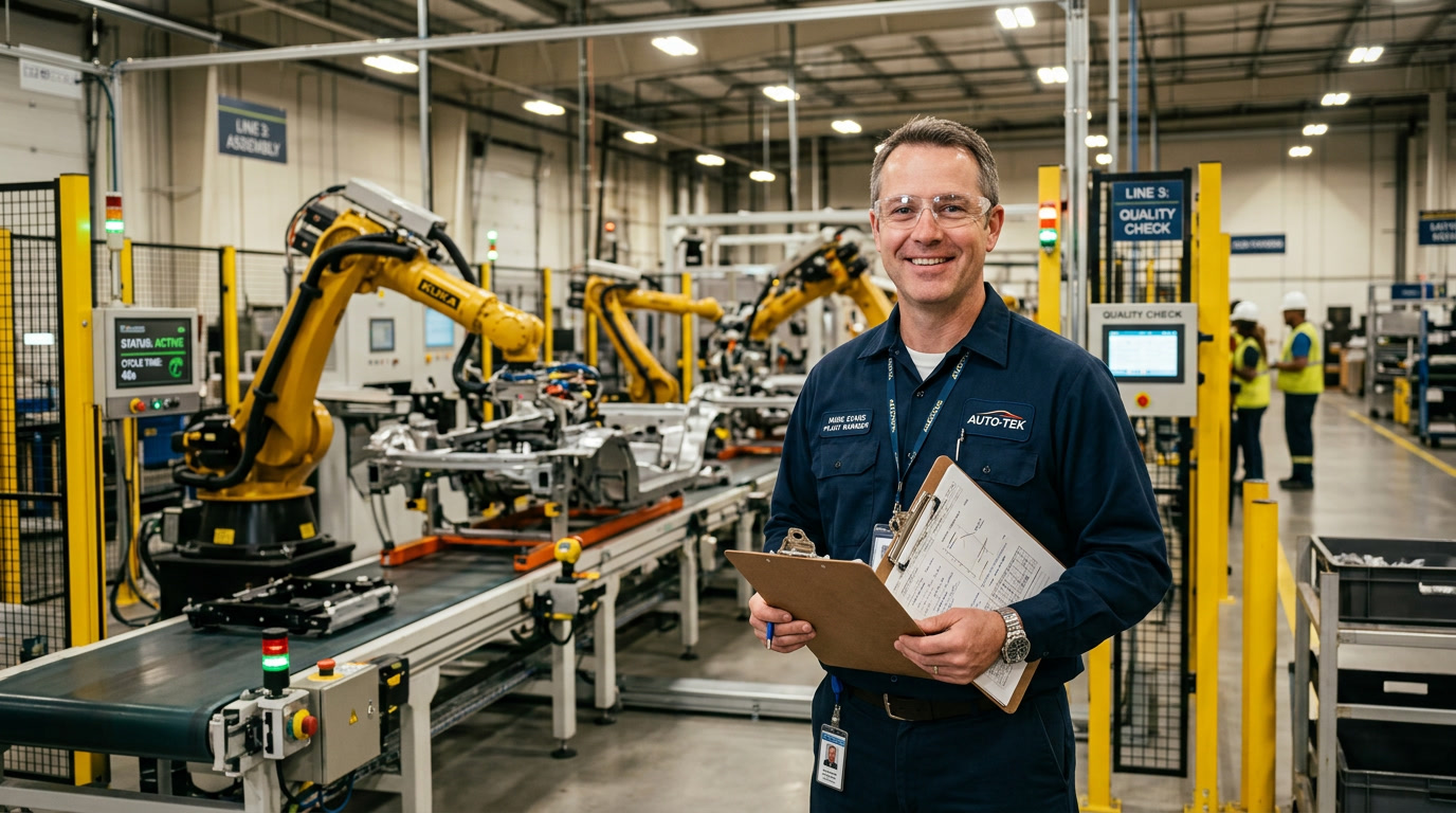 Operations manager overseeing automated workflow on factory floor